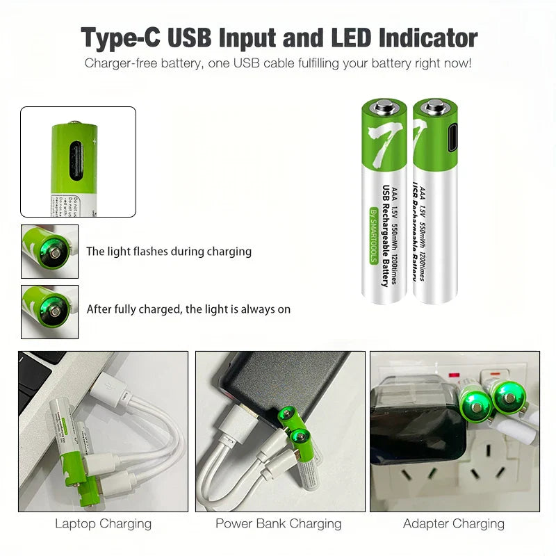 High-Capacity 1.5V AAA 750 mWh USB Rechargeable Li-Ion Battery - Cable, Ideal for Remote Controls and Wireless Mice