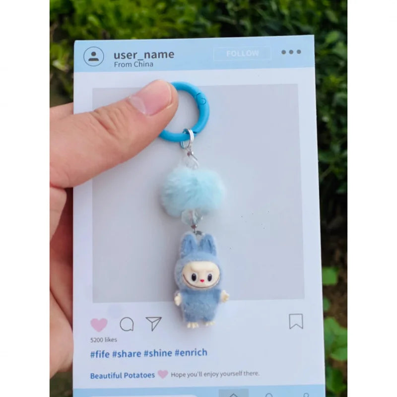 Labubu Mini Flocking Doll Keychain – Standing & Sitting Car, Bag, Phone, Backpack Charm Gift