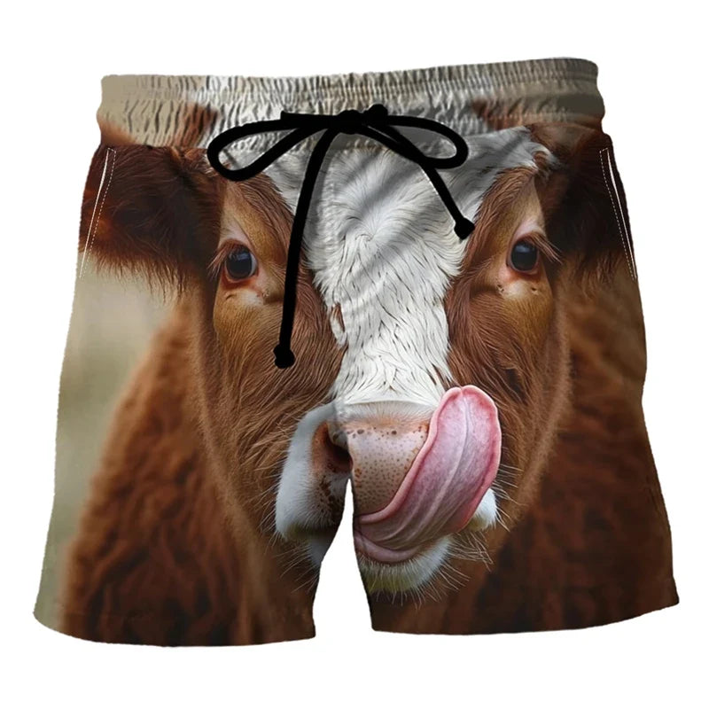 Funny Cow Print Beach Shorts - Men’s 3D Animal Print Summer Swim Trunks