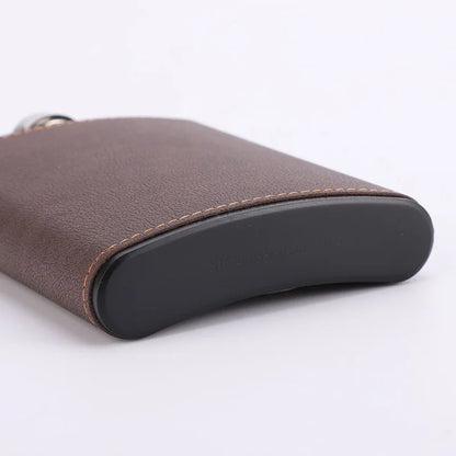 6/8oz Portable Hip Flask – Brown Leather Covered Stainless Steel Flask for Whiskey & Alcohol, Men's Gift