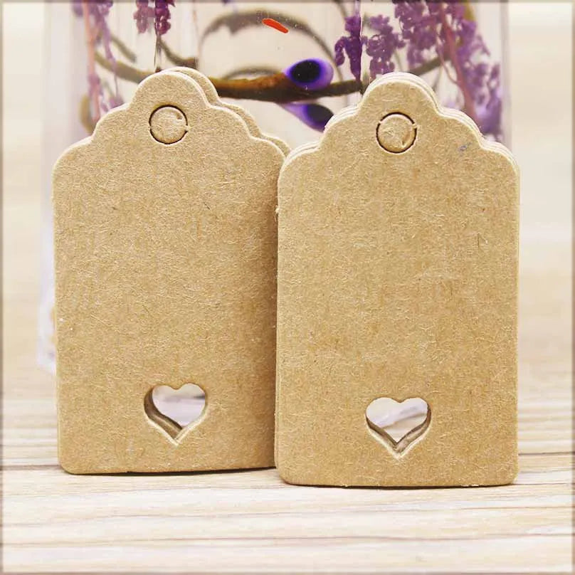 100pcs Black & Kraft Paper Gift Tags – 5×3cm Rectangular Heart Hollow Labels with 100 Hemp Strings for Hand Drawn or DIY Gift Tags