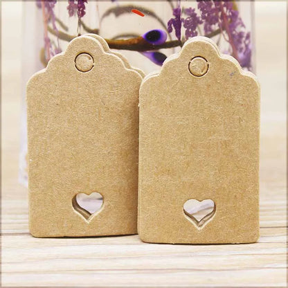 100pcs Black & Kraft Paper Gift Tags – 5×3cm Rectangular Heart Hollow Labels with 100 Hemp Strings for Hand Drawn or DIY Gift Tags