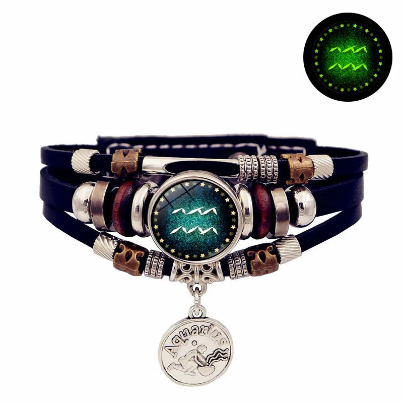 Starry Sky Zodiac Luminous Leather Bracelet - Multi-Layered Beaded Snap Closure for Men & Women, Friendship Bracelet