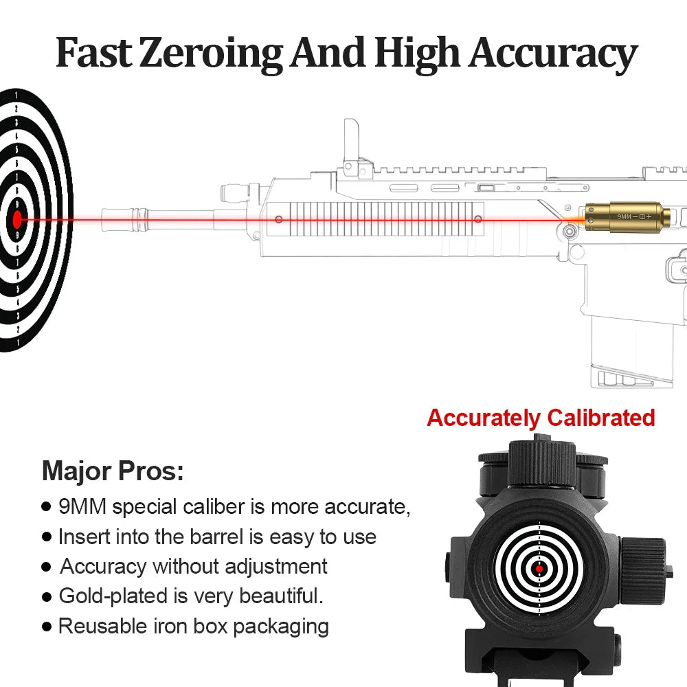 9MM Red Dot Laser Bore Sighter – Brass Optics Cartridge for Pistol & Rifle Scope Hunting with 6 Batteries