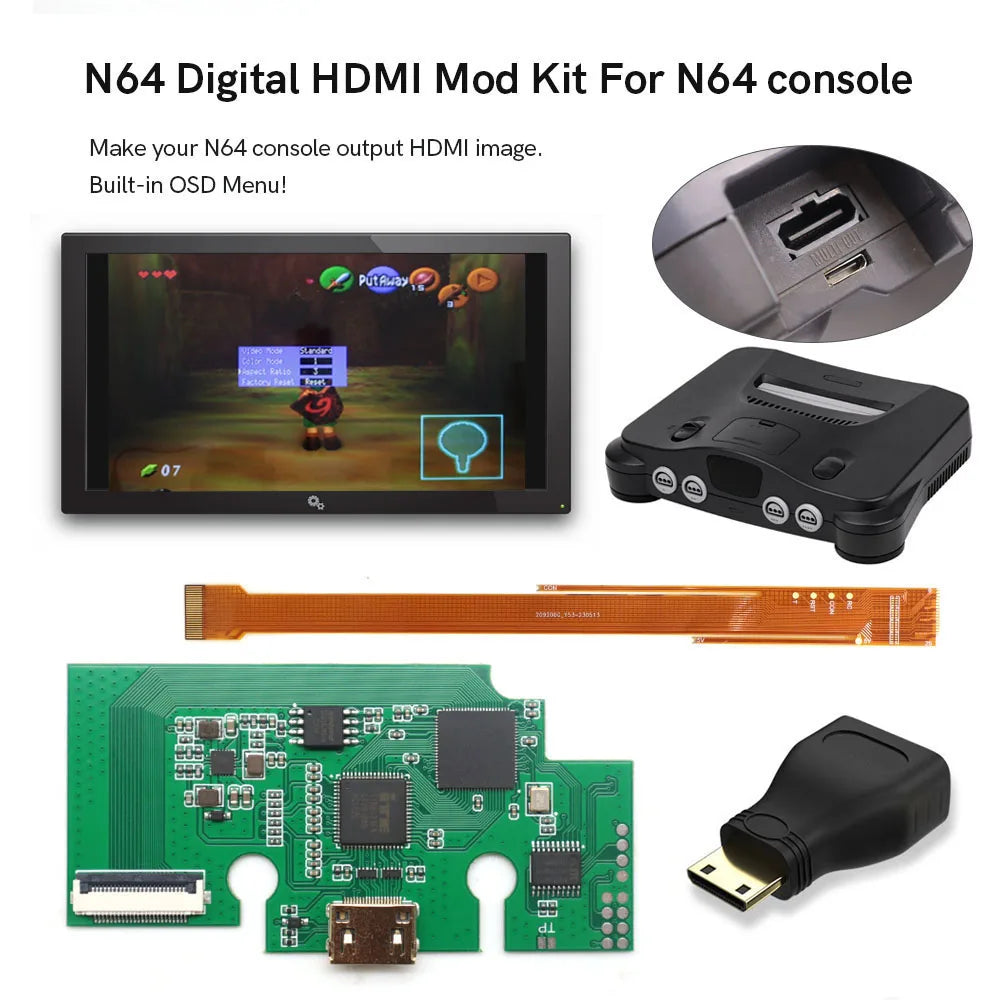 HISPEEDIDO N64 HDMI Mod Kit – Digital Transfer Port PCB Set for TV Gameplay with 3 Aspect Ratio Support