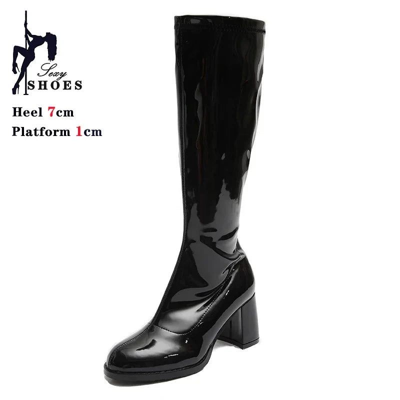 Women’s 7cm Retro Gogo Boots - 60s 70s Knee-High Square Heel Party Boots with Zip Size 44-45