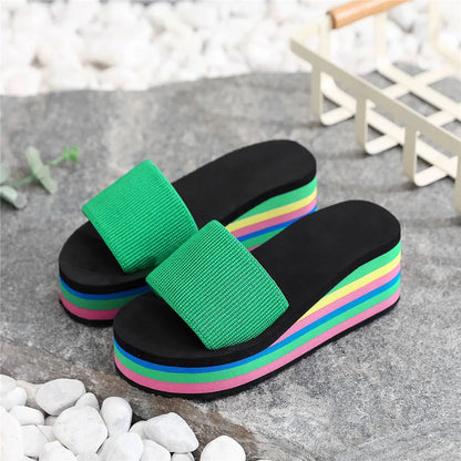 Summer Women’s Rainbow Bohemian Clip Toe Flip Flops – Non-Slip Wedge Beach Sandals