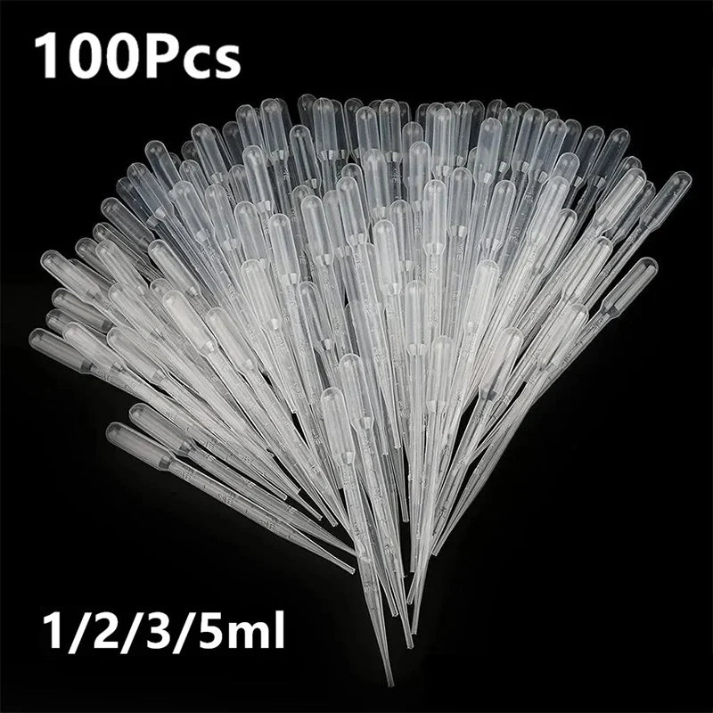 100pcs Laboratory Plastic Pipettes — 1ml, 2ml, 3ml, 5ml Disposable Graduated Droppers for Liquid, Makeup, and Lab Use