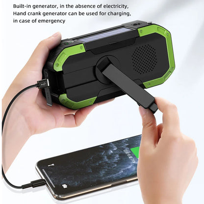 Solar-Powered Hand Crank Emergency Radio with LED Flashlight, Power Bank, Bluetooth 5.0 Speaker - AM/FM Radio and Phone Charger