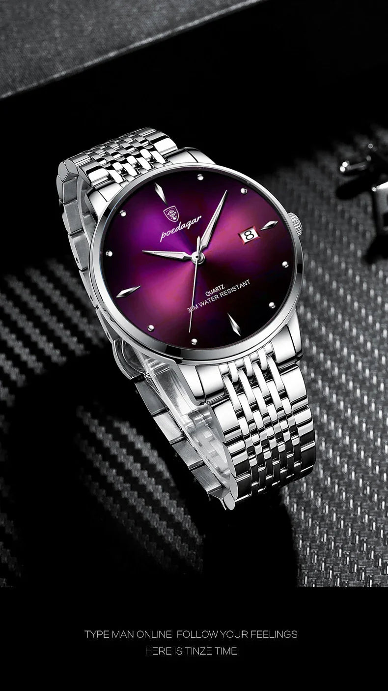 POEDAGAR Luxury Men's Sports Watch — Waterproof Luminous Stainless Steel Quartz Wristwatch with Date
