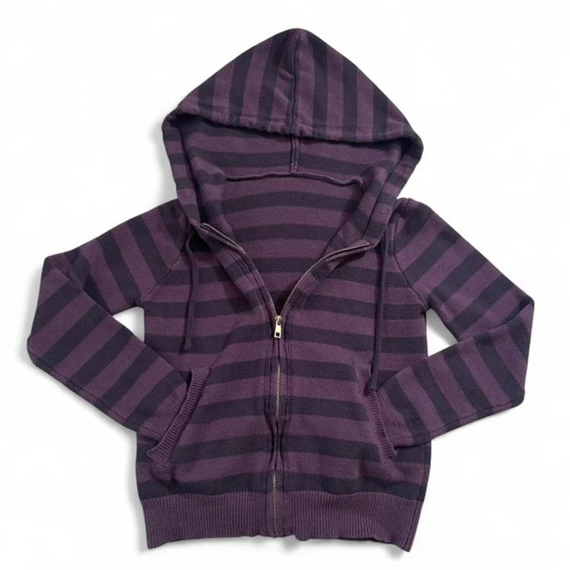Harajuku Y2K Striped Hoodie - Women’s Slim Fit Grunge Punk Streetwear Cardigan