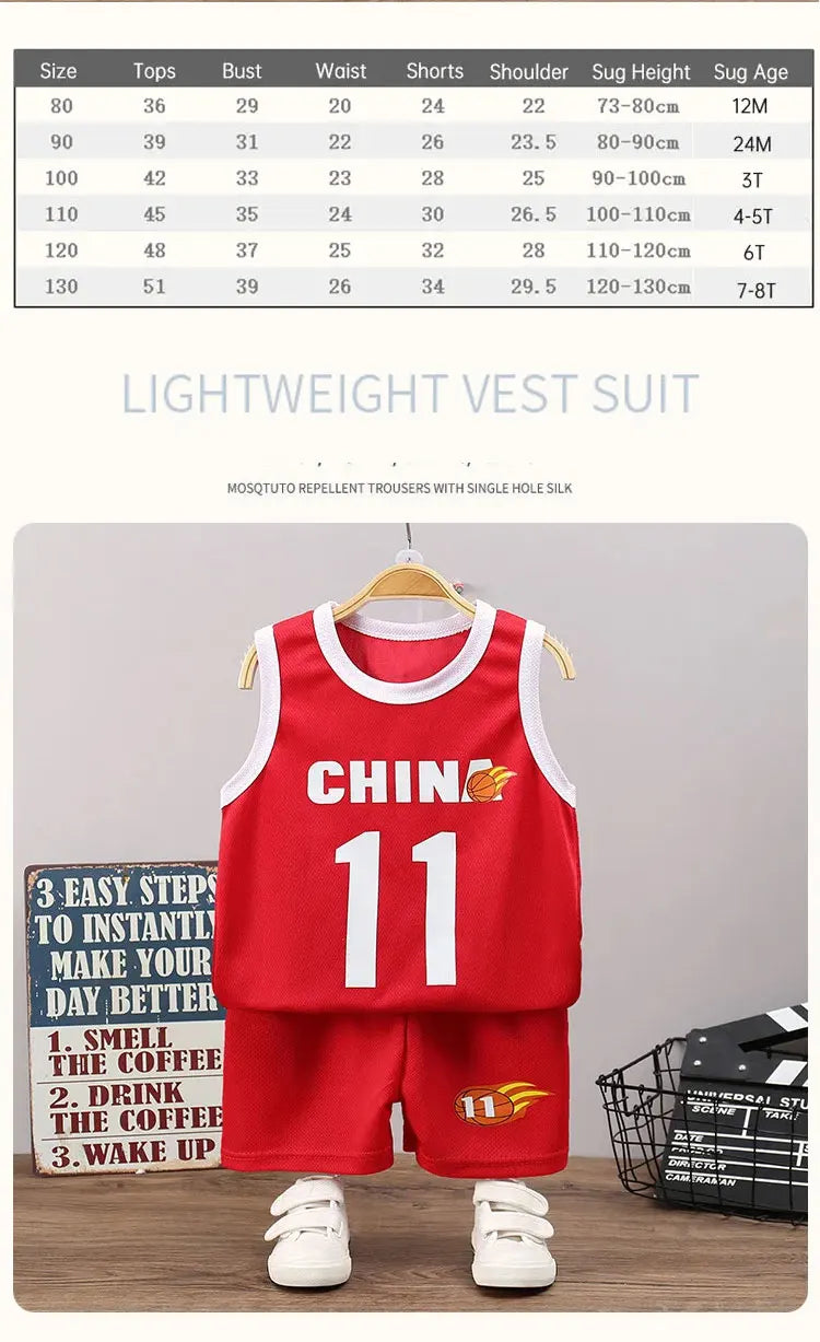 Children’s Summer Sleeveless T-Shirt and Shorts Set — Quick-Dry Sports Tank Top Outfit for Boys Basketball Training