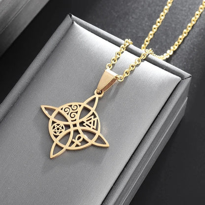 Witch Knot Necklace – Stainless Steel Magic Celtic Knot Pendant, Pagan Witchcraft Symbols, Jewelry Gift for Women