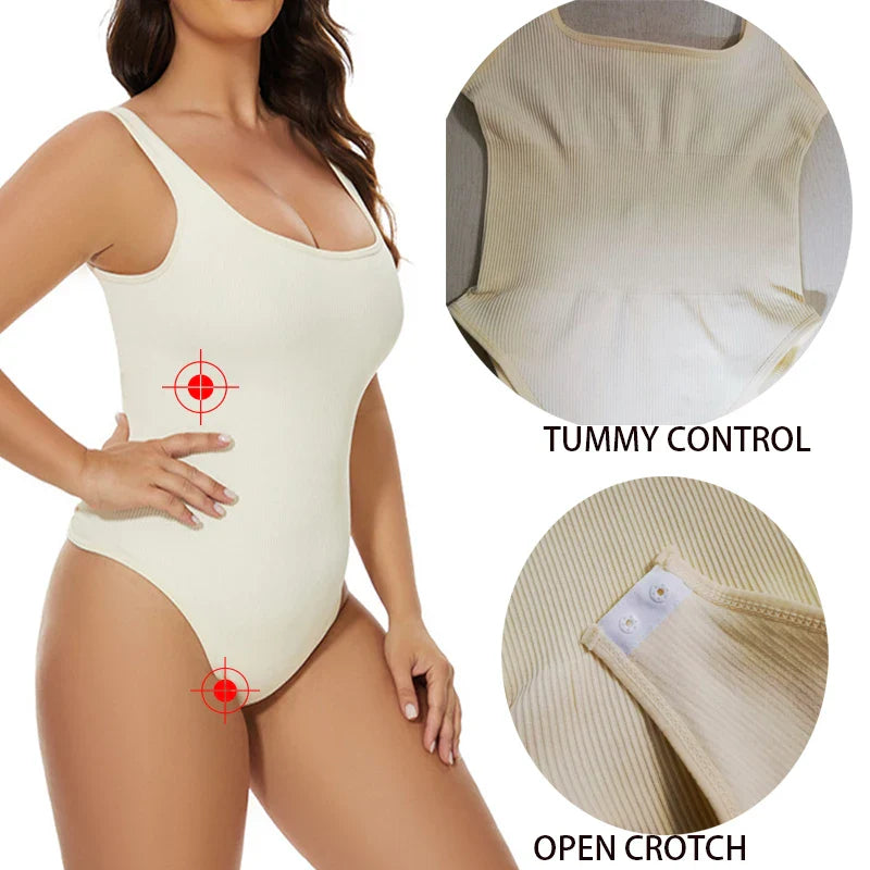GUUDIA Ribbed Tummy Control Jumpsuit – Light Compression Daily Shaper Bodysuit with Open Crotch Shapewear Design