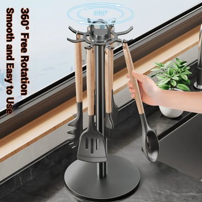 Rotating Kitchen Utensil Stand — 8-Hook Countertop Organizer for Cooking Tools