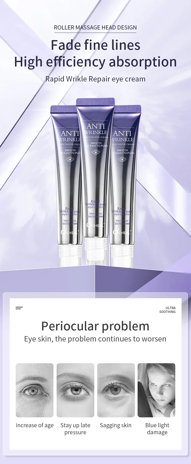 O'CHEAL Anti-Wrinkle Eye Cream Roller – Dark Circle & Puffiness Reducer with Hyaluronic Acid for Anti-Aging Skin Care