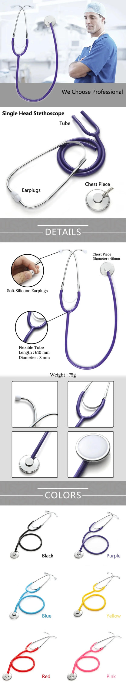 Portable Single Head Stethoscope — Professional Cardiology Medical Device for Doctors, Nurses, Students, and Vets