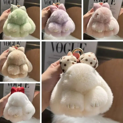 Cute Fluffy Bunny Fur Keychain – Plush Pom Pom Bag Charm and Car Key Ring with Hair Bow