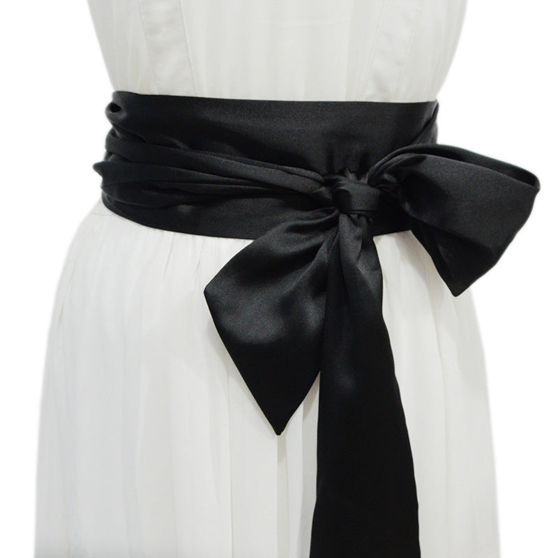 New Ladies' Belt – Burgundy & Black Silk Wide Waist Seal with Long Ice Silk Lace, Soft Fashion Accessories Belt