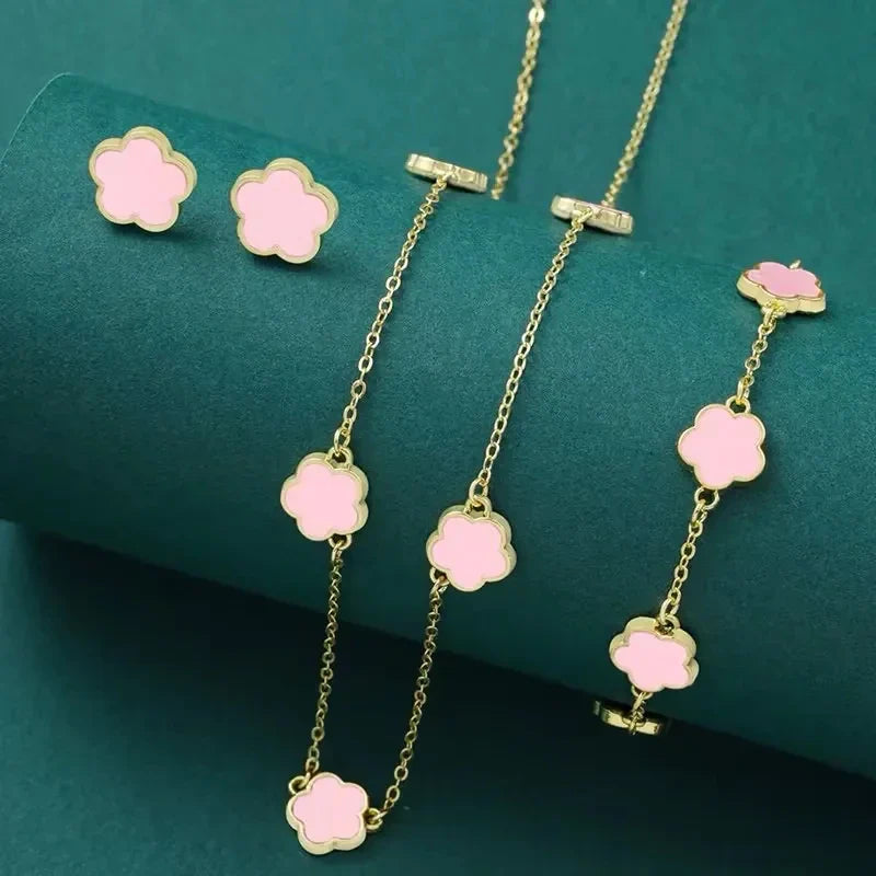 Lucky Five-Petal Flower & Clover Bracelet, Earrings, Necklace Set – Stylish Women's Party Jewelry Accessories