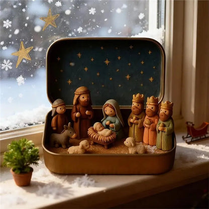 Mini Christmas Nativity Set - Pocket Size Tin Box Jesus Birth Display Decor for Home, Office & Bedroom