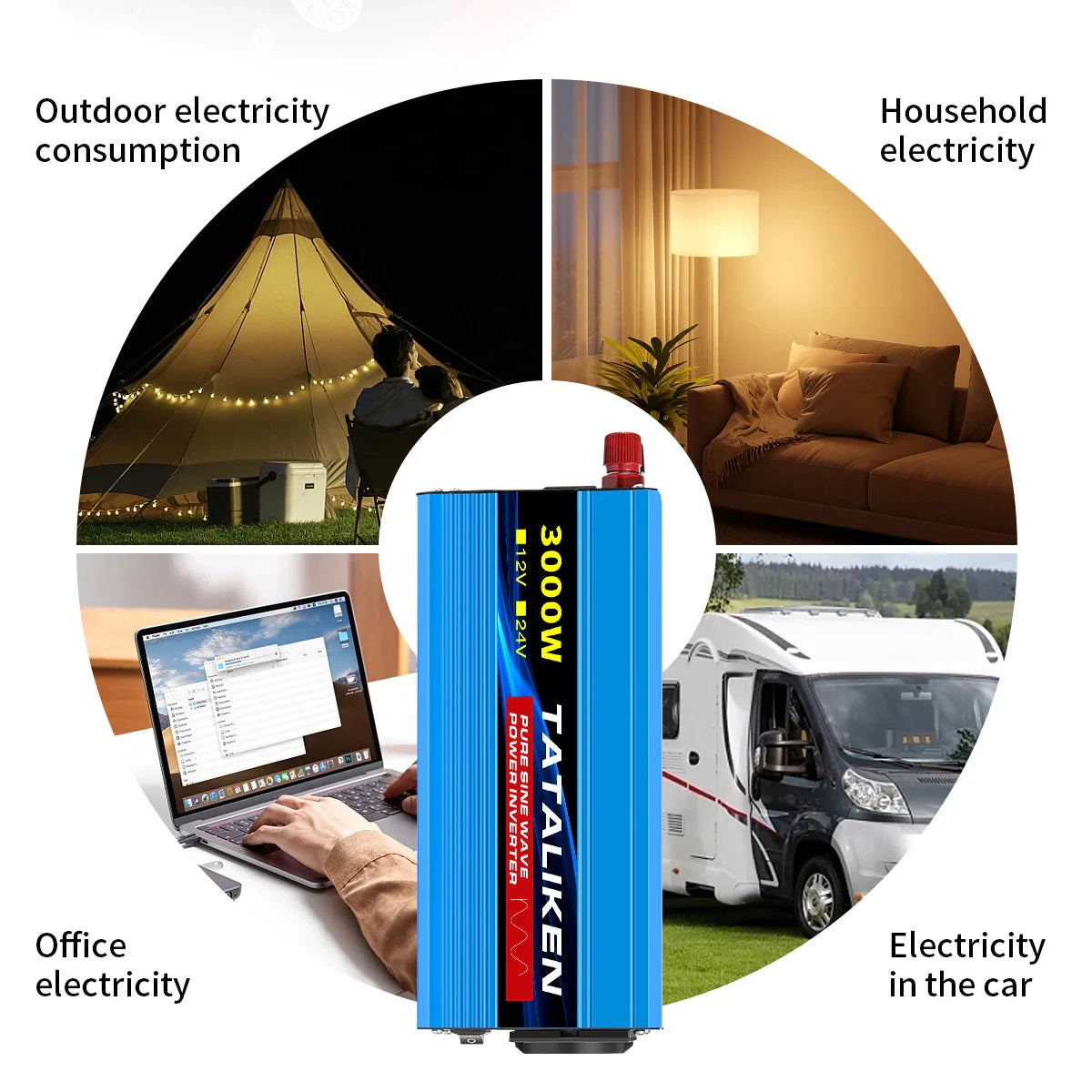 Pure Sine Wave Power Inverter 1000W–4000W – DC 12V/24V to AC 220V 50Hz Converter with Universal Socket Charger Adapter