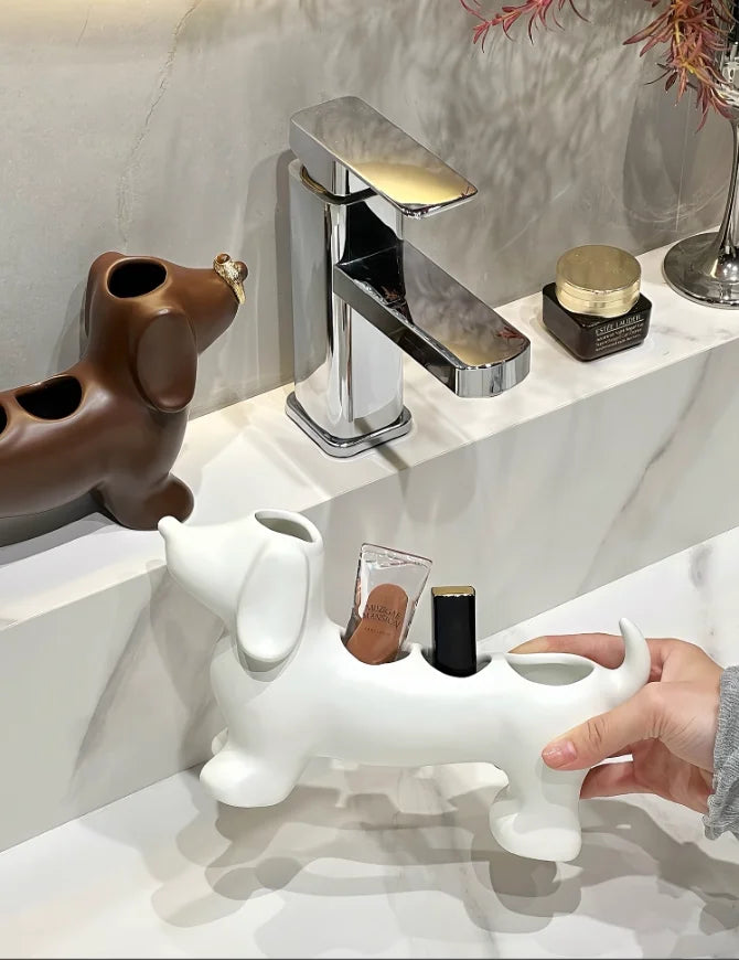 Dachshund Ceramic Toothbrush Holder – Electric Toothbrush Storage Rack and Bathroom Sink Organizer with Toothpaste Holder