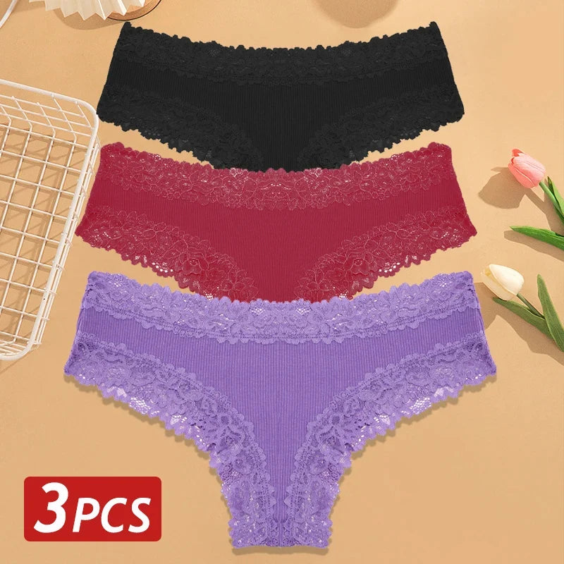 3PCS Women’s Cotton Lace Panties Set - Low Waist Brazilian Bikini Underwear Soft Floral Lingerie T-Back Style