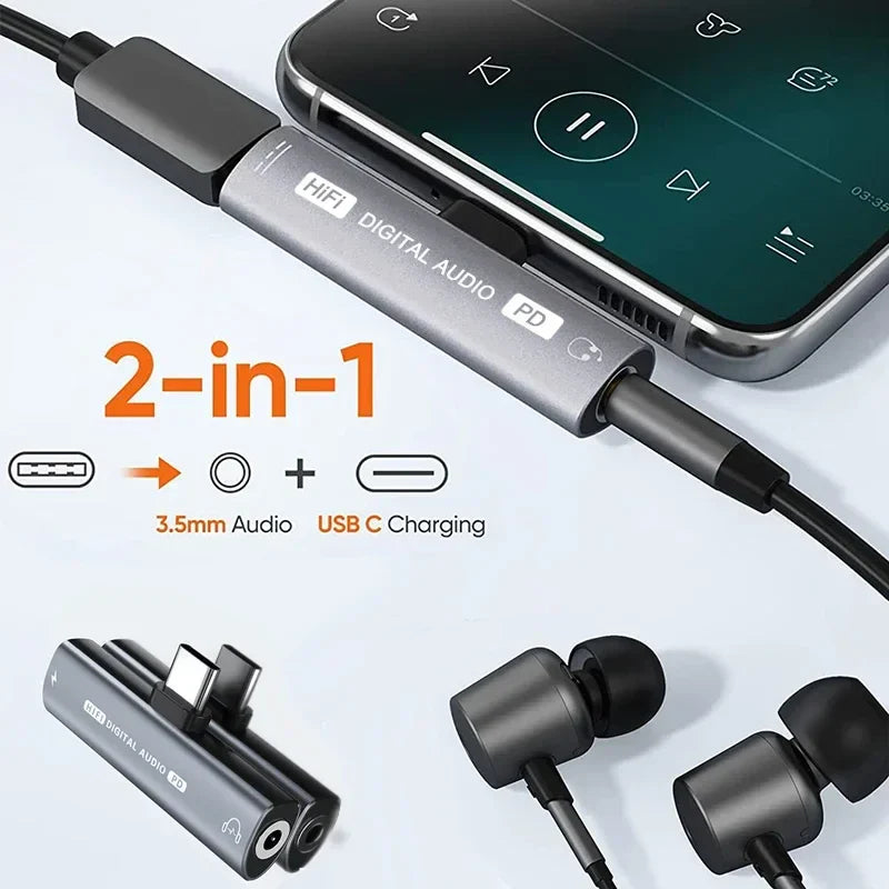 2-in-1 USB C to 3.5mm Headphone & Charger Adapter with PD Fast Charge, DAC Decoding Chip, and HIFI Sound - T-Shape Connector