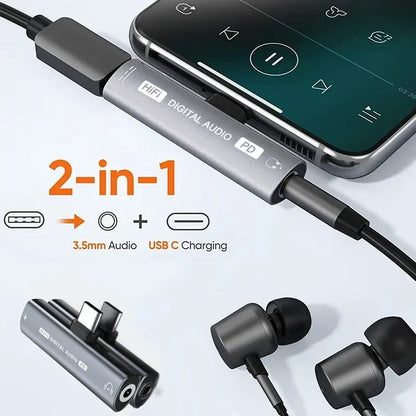 2-in-1 USB C to 3.5mm Headphone & Charger Adapter with PD Fast Charge, DAC Decoding Chip, and HIFI Sound - T-Shape Connector