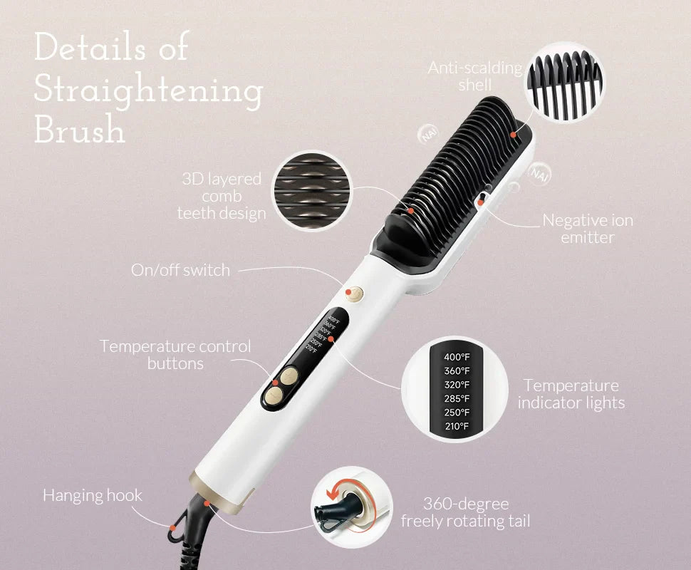 OUDIM Hair Straightener Brush – Ionic Flat Iron with 6 Temperature Settings, Anti-Scald Hair Styling Tool for Women
