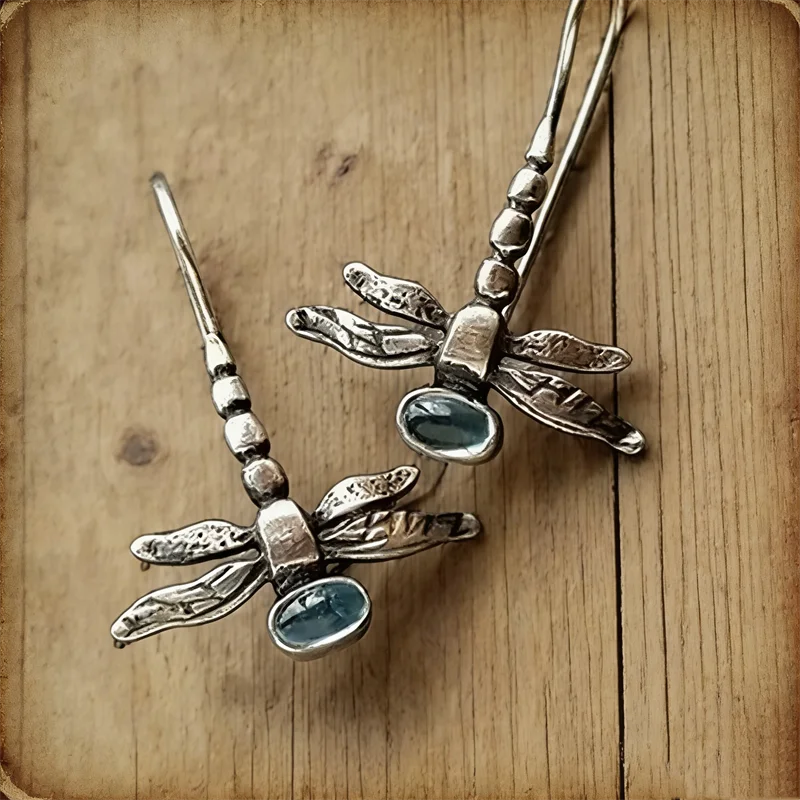 Retro Dragonfly Dangle Earrings - Silver Color Jewelry with Blue Stone Inlay for Women Party & Engagement Fashion