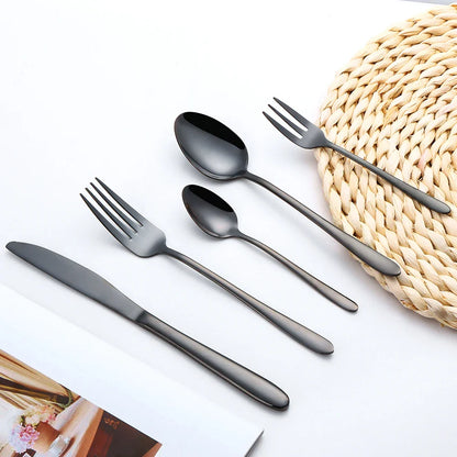 30/35/40-Piece Western Tableware Set – Elegant Black Stainless Steel Cutlery with Mirror Finish, Knife, Fork, Spoon for Kitchen and Dining