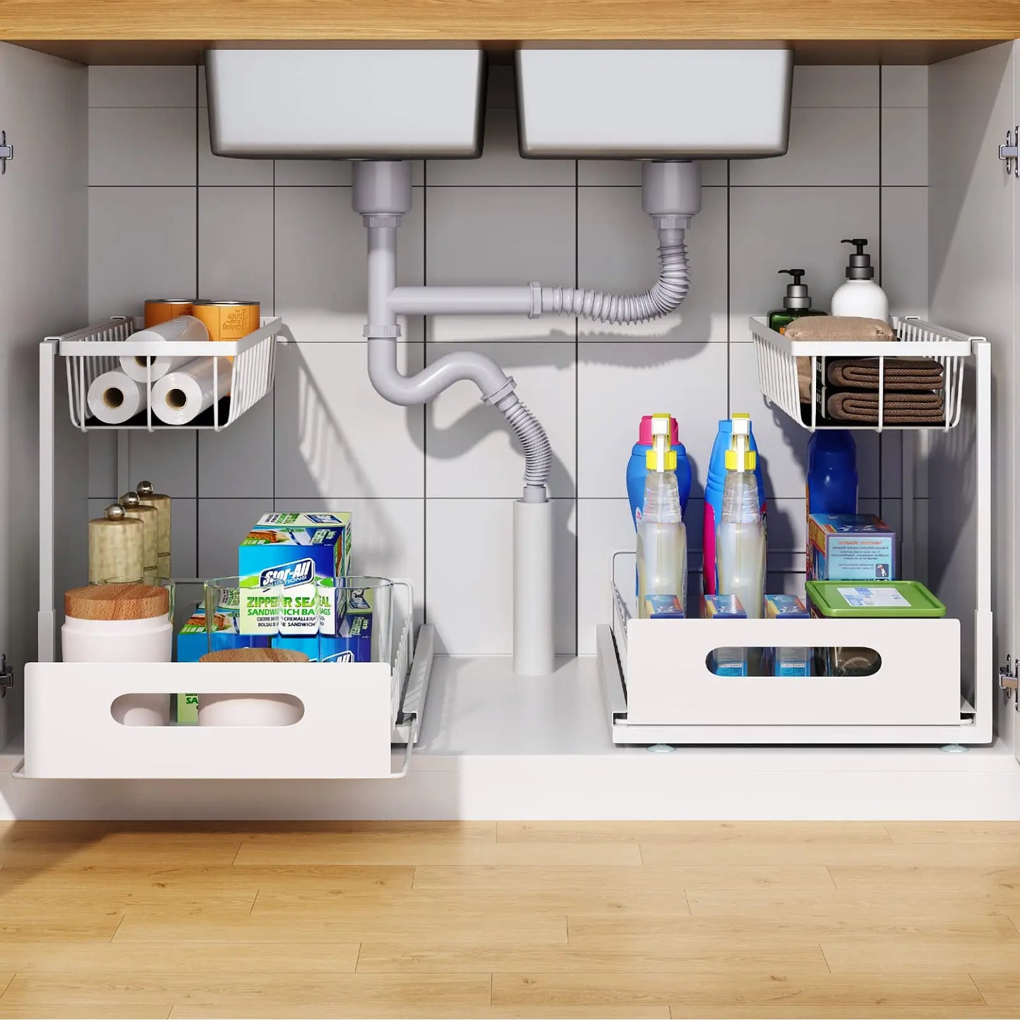Under Sink 2-Tier Sliding Cabinet Organizer — Pull-Out Basket Drawer for Bathroom & Kitchen Storage