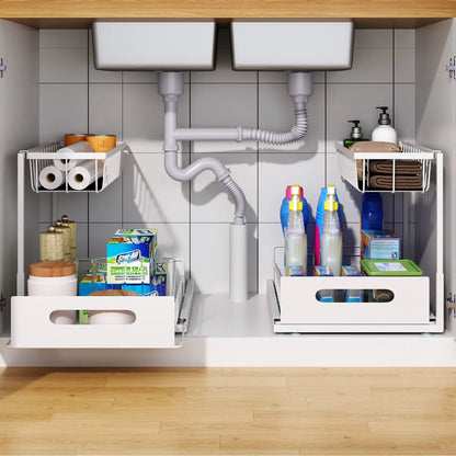 Under Sink 2-Tier Sliding Cabinet Organizer — Pull-Out Basket Drawer for Bathroom & Kitchen Storage