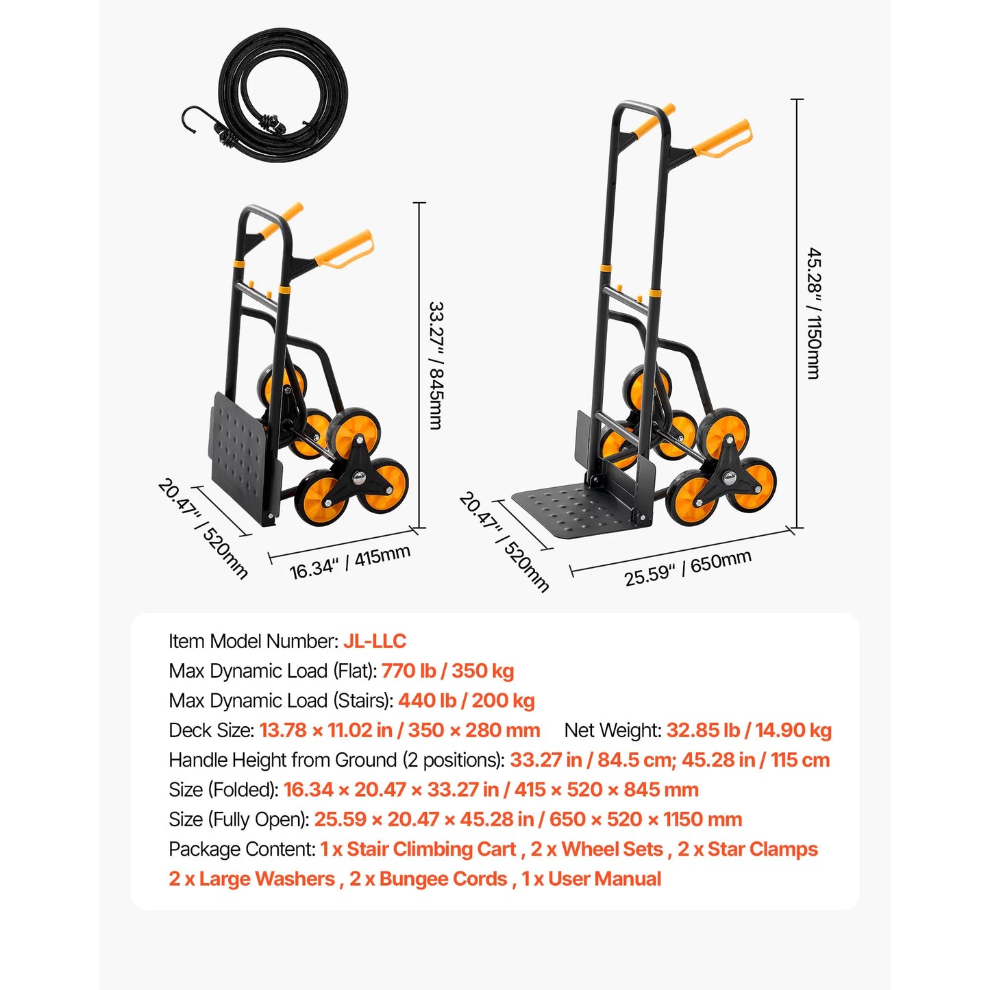 Stair Climbing Cart - Folding 6-Wheel Grocery Trolley with Telescoping Handle & Bungee Cords