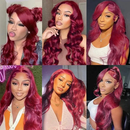 99J Burgundy Body Wave Human Hair Wig – 13x6 HD Transparent Lace Front, 30-40 Inch Curly Brazilian Hair for Women