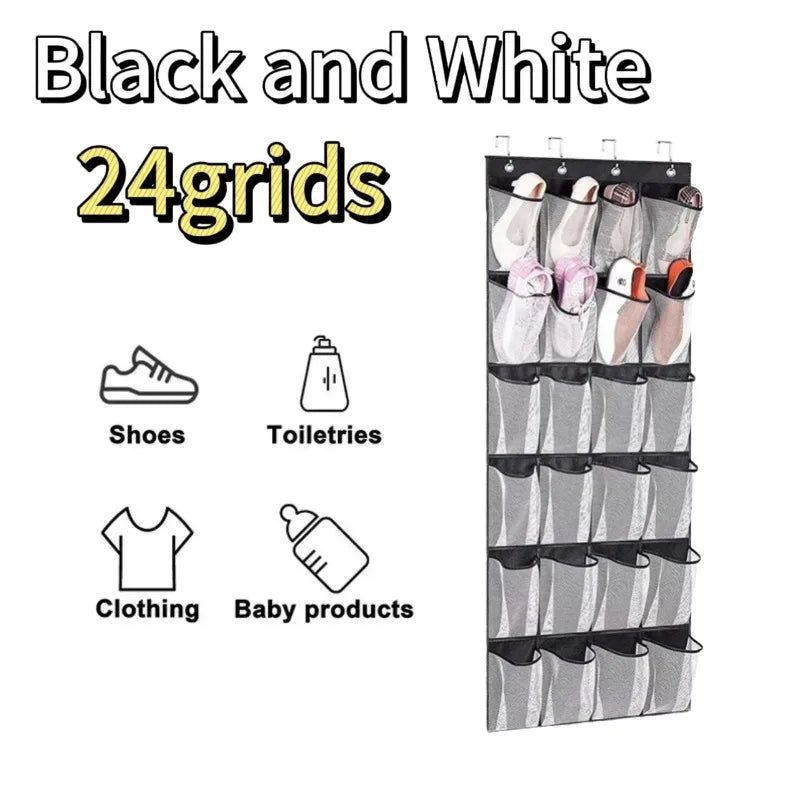 Over The Door Shoe Organizer - 12/24 Pocket Large Mesh Hanging Shoe Rack with Hooks for Bedroom Storage