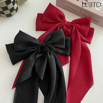 Women's Large Satin Bow Hair Clip – Black, White & Red Retro Hair Accessory for Daily Wear
