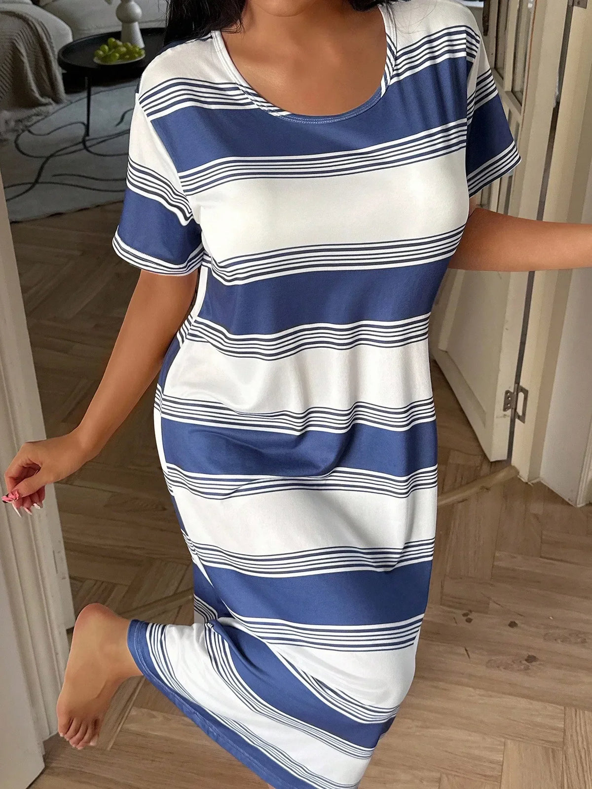 Women’s Blue & White Striped Midi Nightgown – Loose Casual Lounge T-Shirt Style Sleepwear Dress