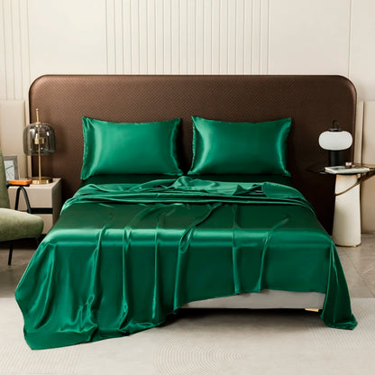 Silky Satin Bed Sheet Set for Summer – Ice Cooling Flat Sheet with Pillowcase, Single/Queen/King Sizes