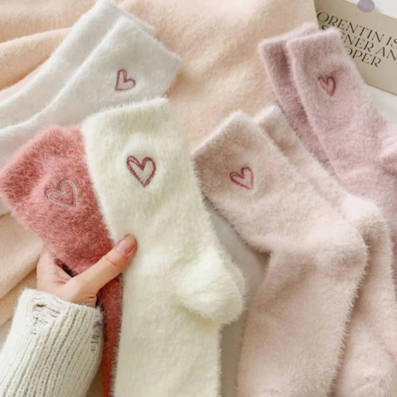 Thickened Pink Mink Fur Heart Embroidered Socks — Women’s Autumn Winter Warm Plush Mid-Tube Home Sleep Socks