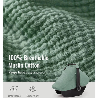Baby Car Seat Cover – Breathable Muslin Cotton Canopy with Mesh Window, Infant Stroller Sun Shade & Carrier Protection Cover