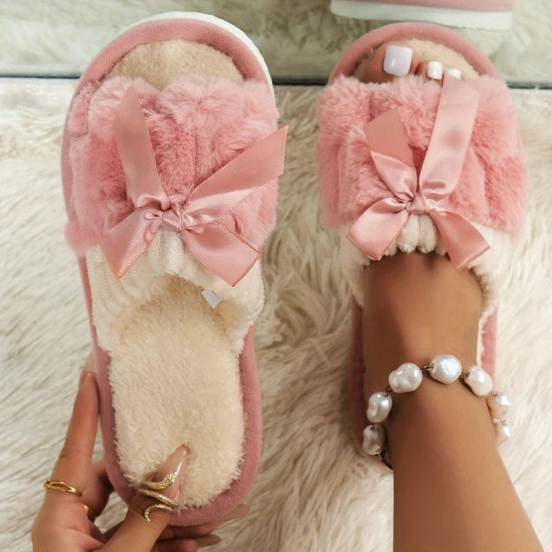 Plush Bow Slippers - Warm Fluffy Indoor Home Slides for Women & Men