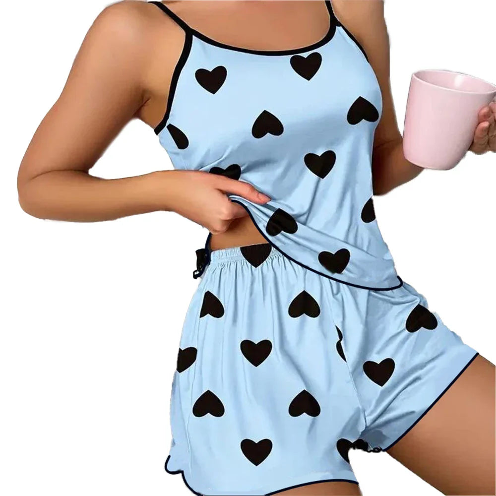Women’s Pajama Set — Pink Heart Print Ice Silk T-Shirt & Shorts, Comfortable Casual Summer Sleepwear