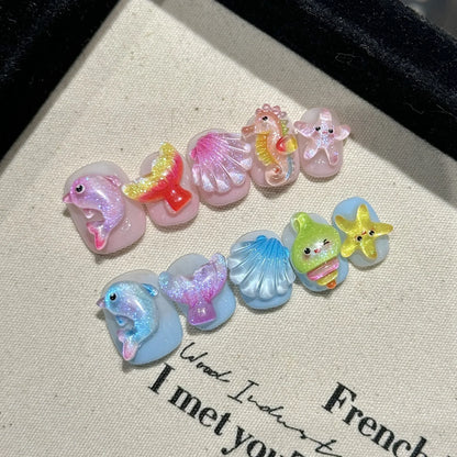 10 Pcs Pink Handmade Press-On Nails – Full Cover Bear & Heart Design with Rhinestones, Short Round Manicure Tips