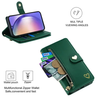 Leather Lanyard Wallet Phone Case for Samsung Galaxy - Zipper Card Holder Flip Cover