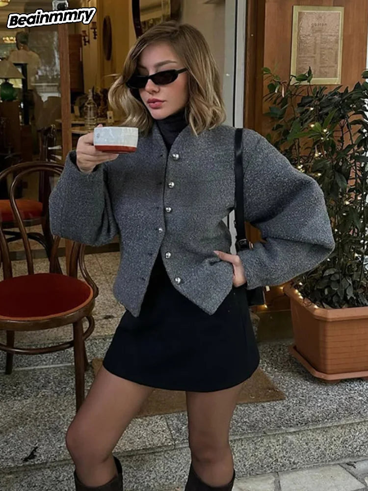 2025 Women's Elegant Long Sleeve Woolen Coat – V-Neck, Single-Breasted Slim Fit Solid Color Office Jacket