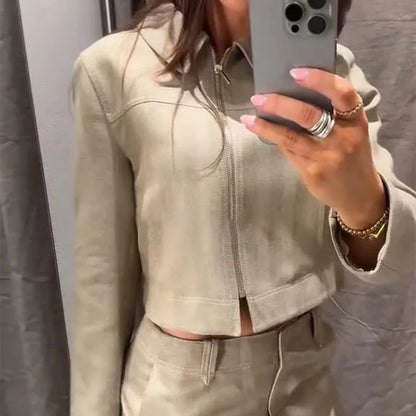 Women’s Cotton Linen Trousers Set — Casual Lapel Crop Top & Straight Pants Streetwear Spring Autumn Outfit