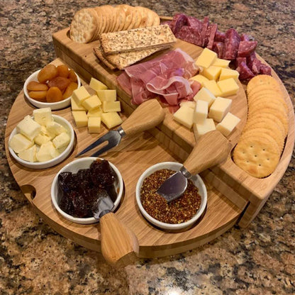 Cheese Board Set with Slide-Out Drawer – Cutlery Cutter, Slicer, Fork, Scoops & Kitchen Storage Tools
